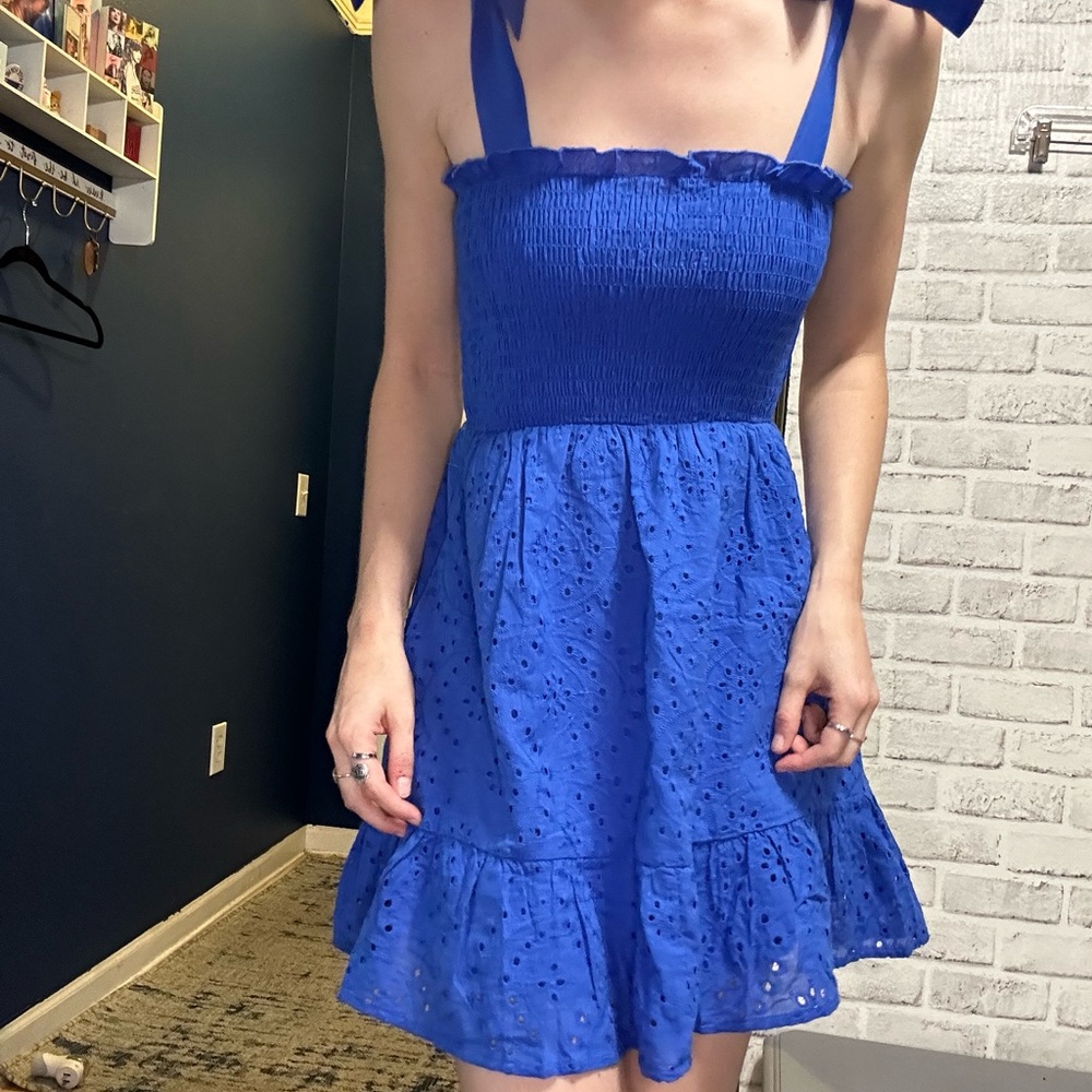 Francesca’s blue eyelet tie shoulder dress